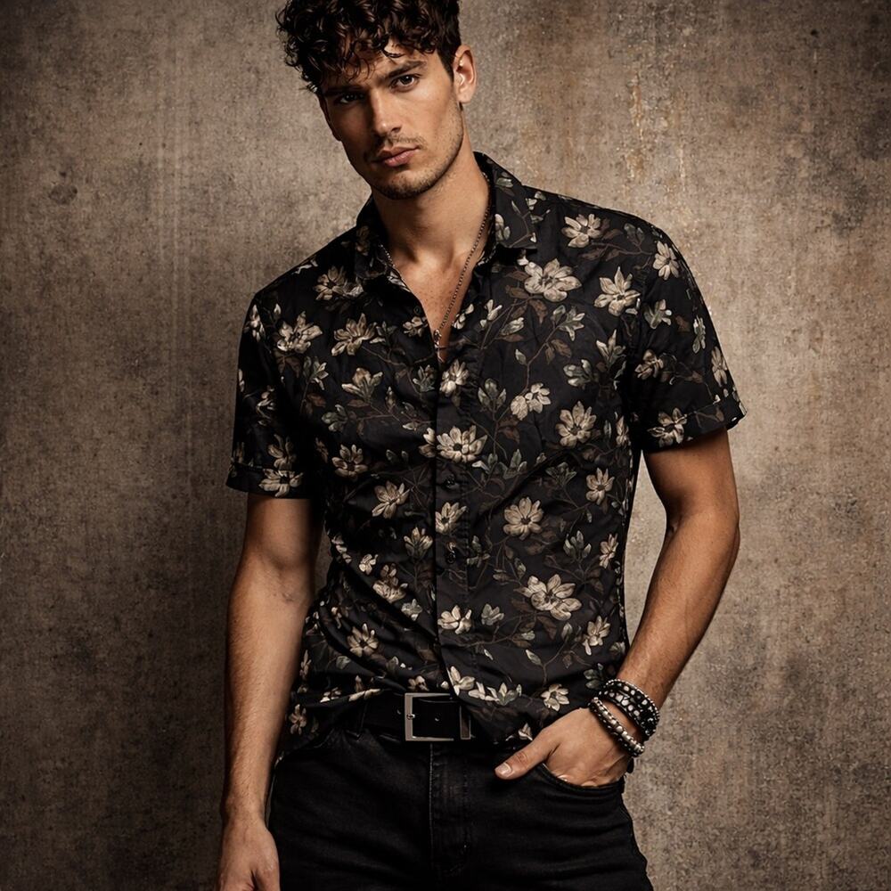 NWT: John Varvatos Floral Black Men's 100% Cotton Button Down Shirt